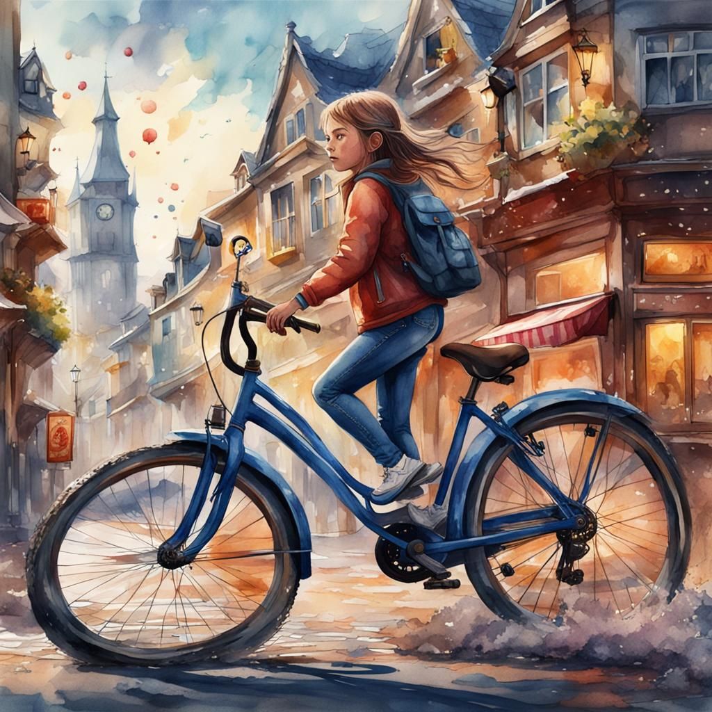 Girl Plays with Bike in Town, Watercolor Style