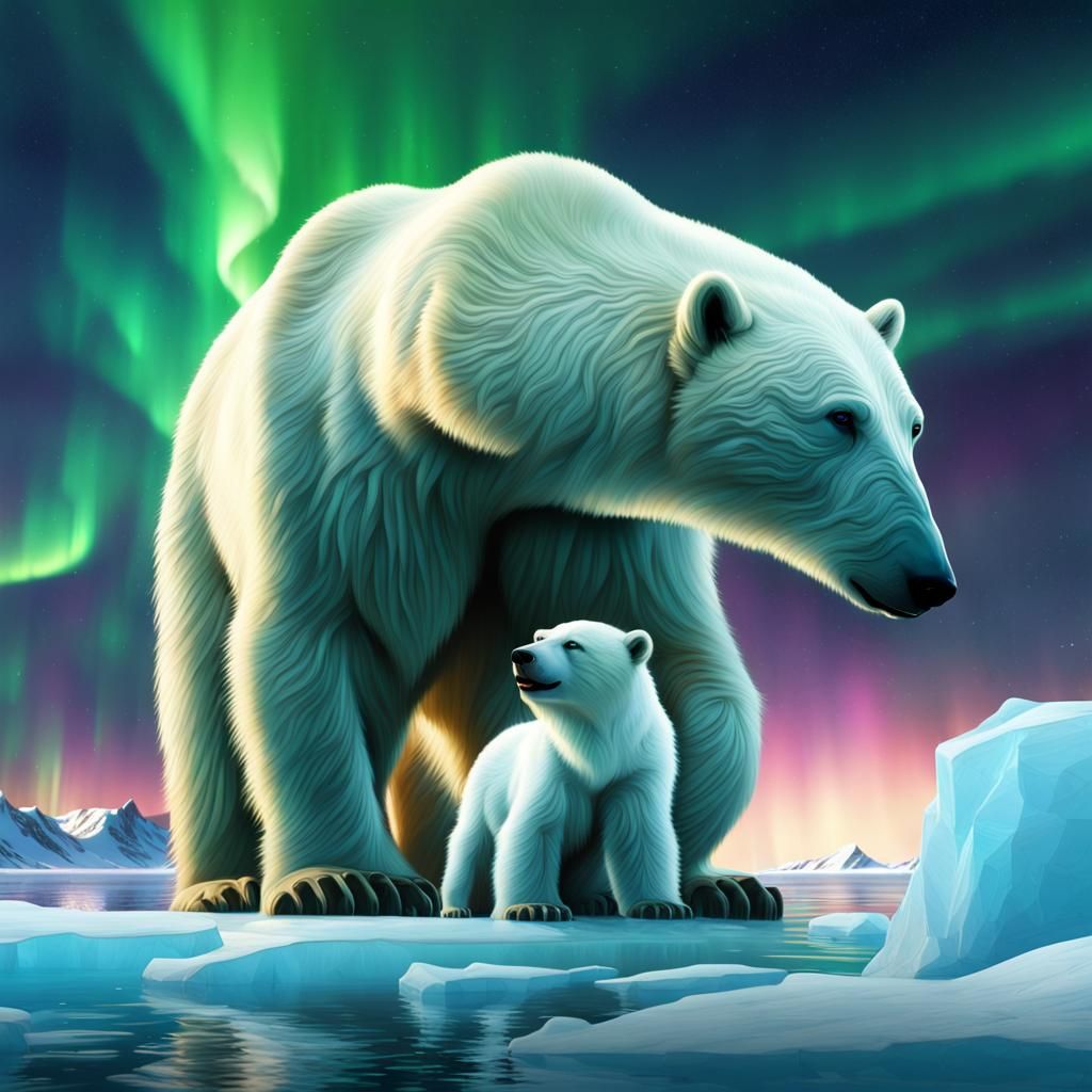 Polar Bear Family Under Northern Lights, Matte Painting
