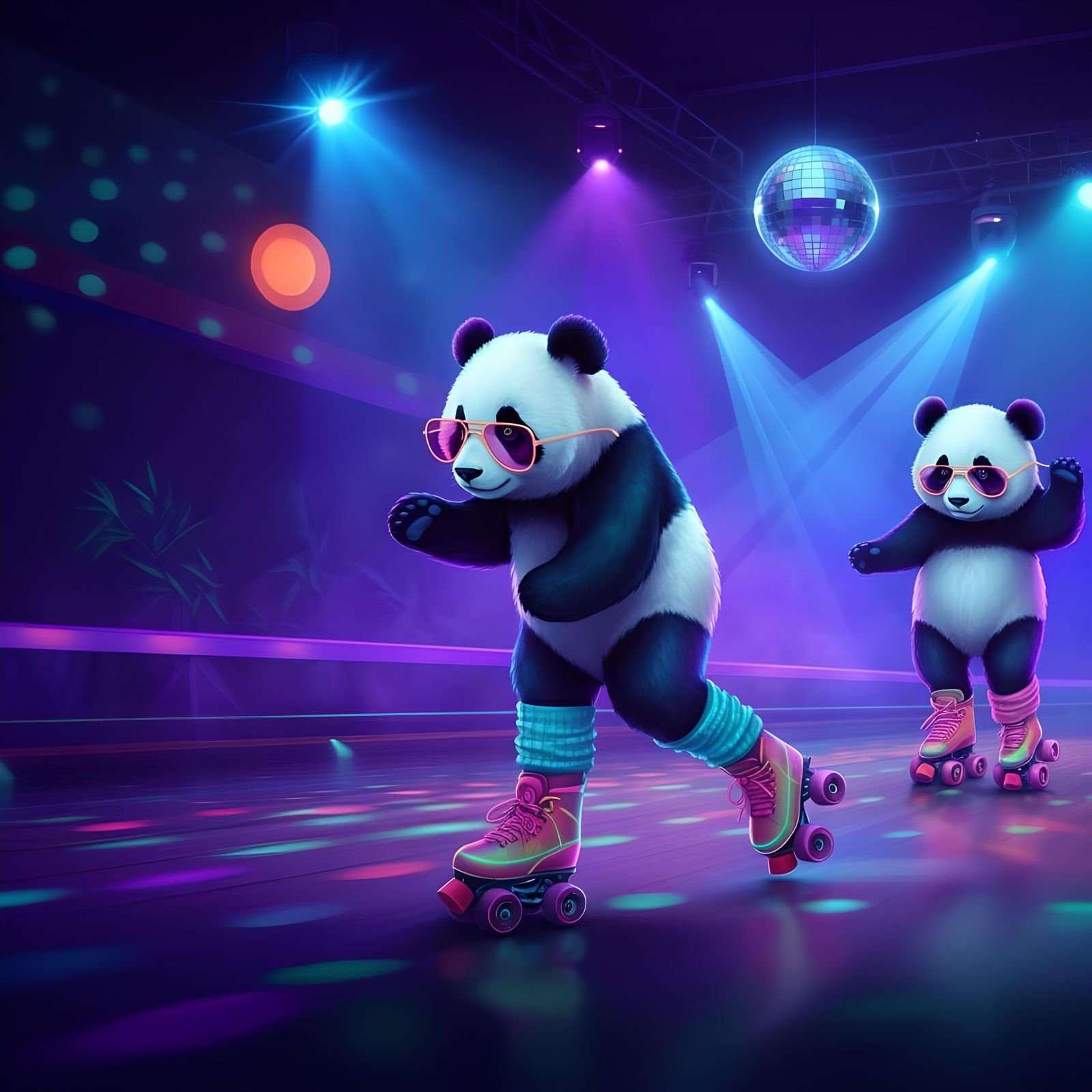 Neon Pandas Roller Skating in Black Light Rink