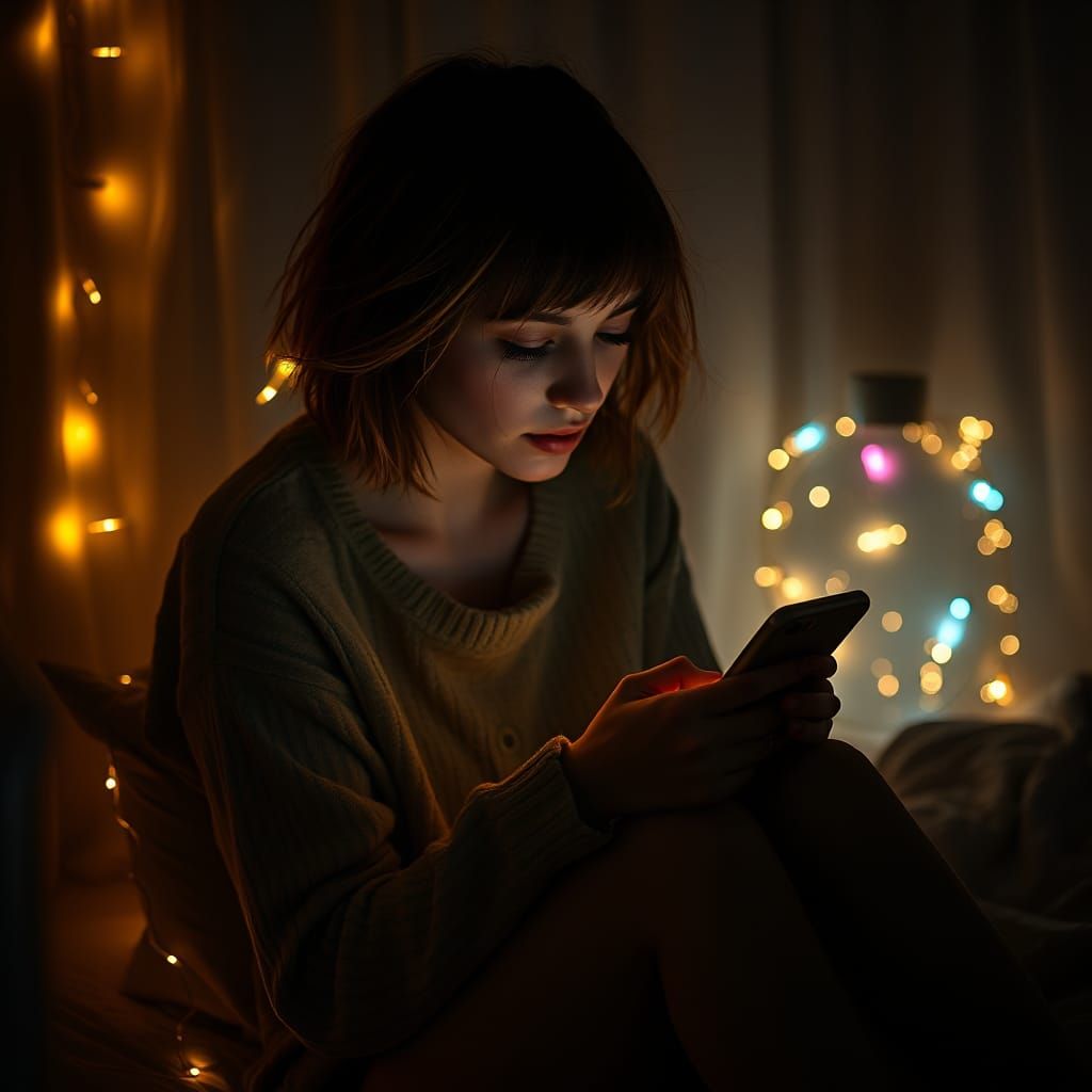 Young Woman in Cozy Room, Hyperrealistic Digital Art