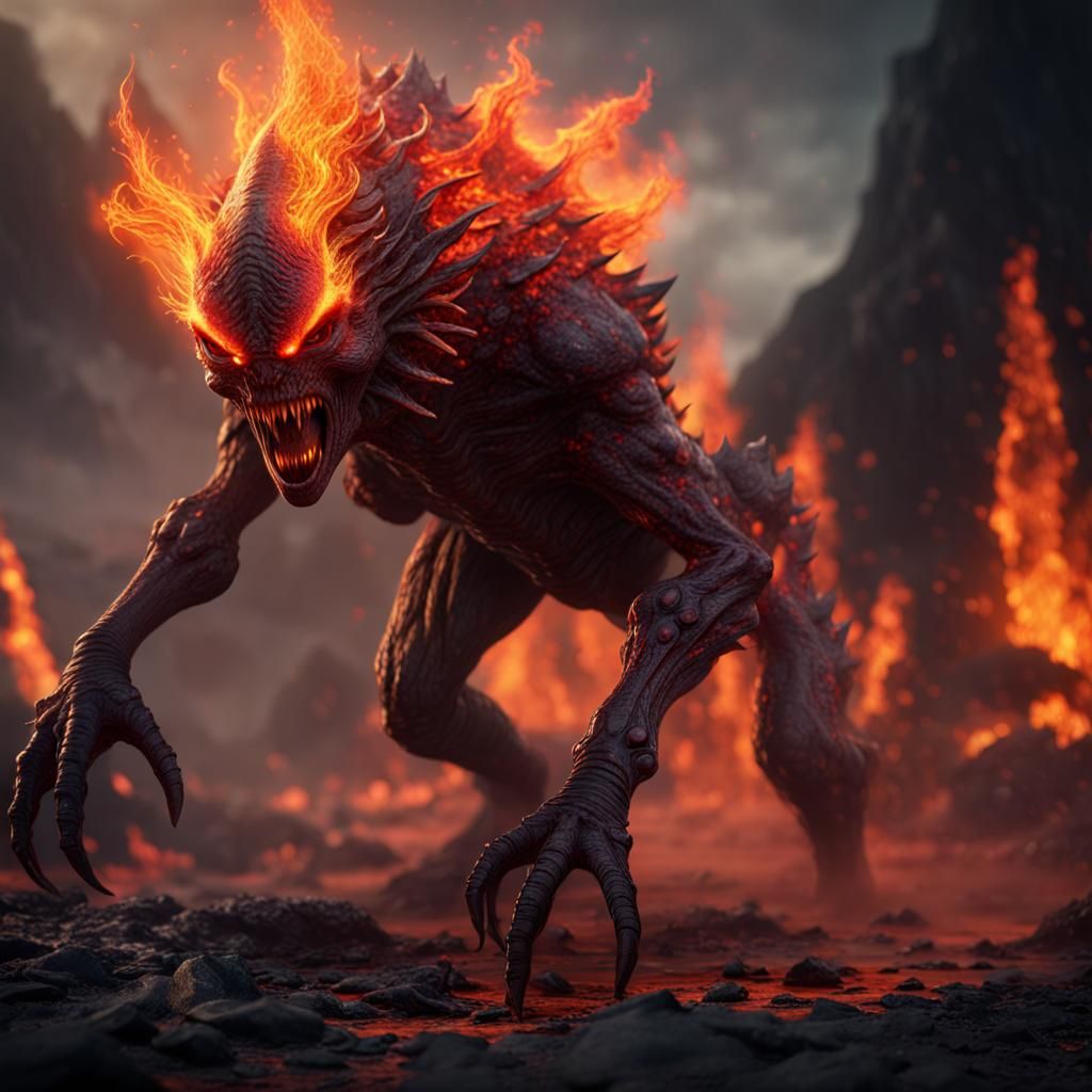 Ferocious Alien Creature in Volcanic Landscape