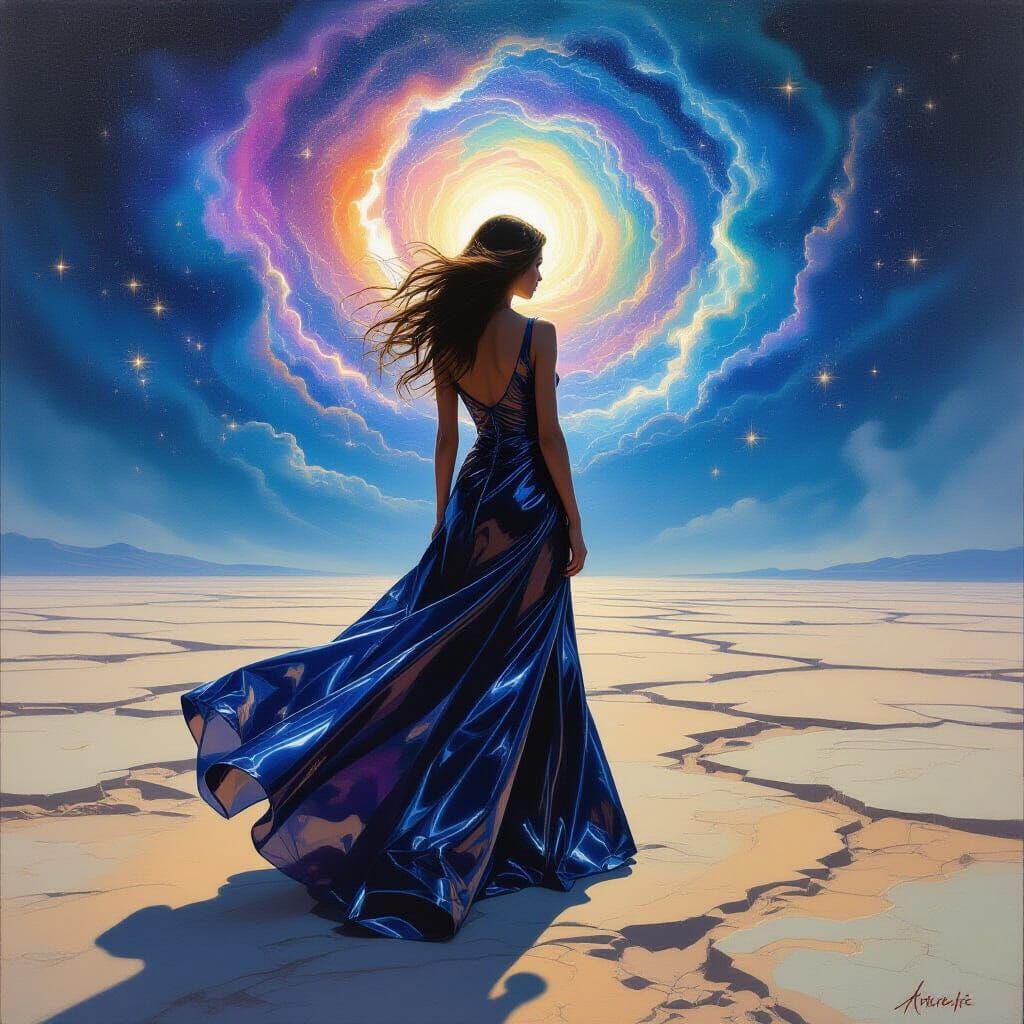 Lone Figure in Nebula Sky, Patent Leather Dress