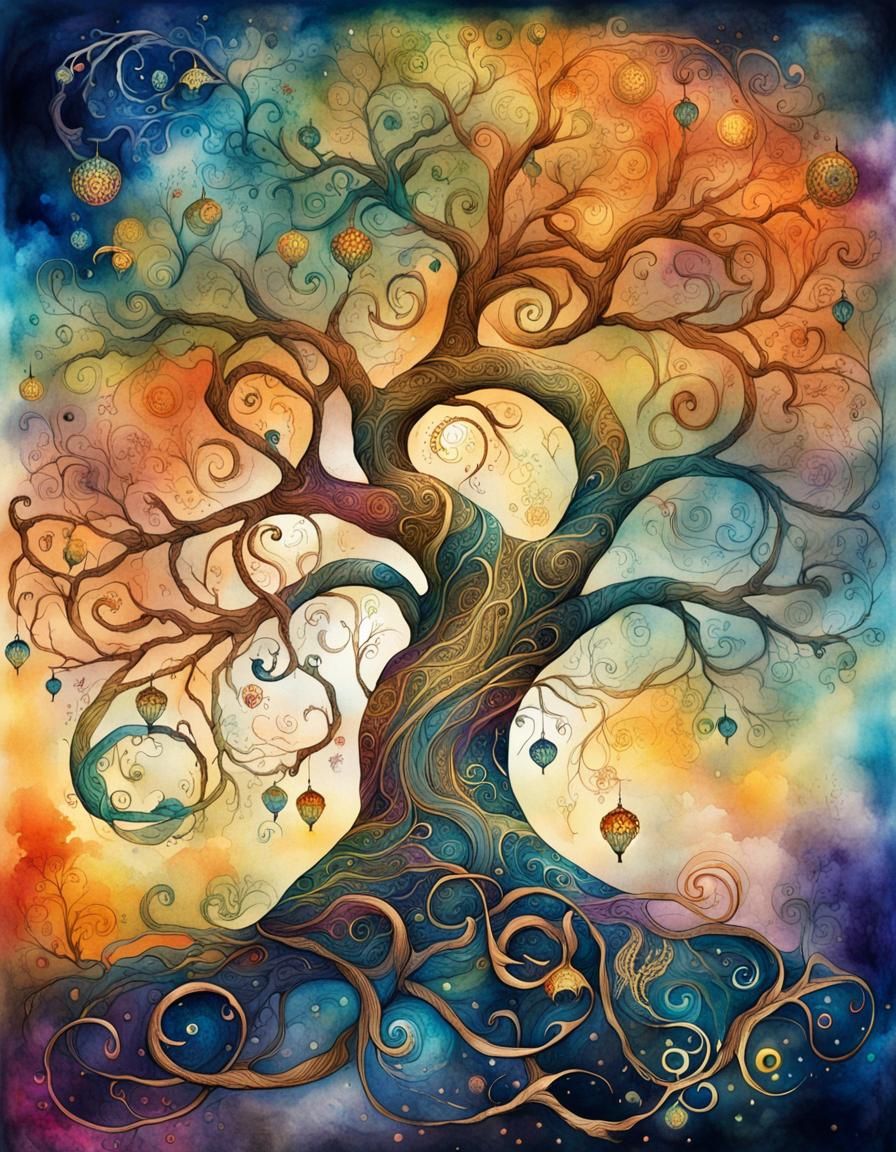 Magical Fantasy Tree with Dream Fruit in Watercolor
