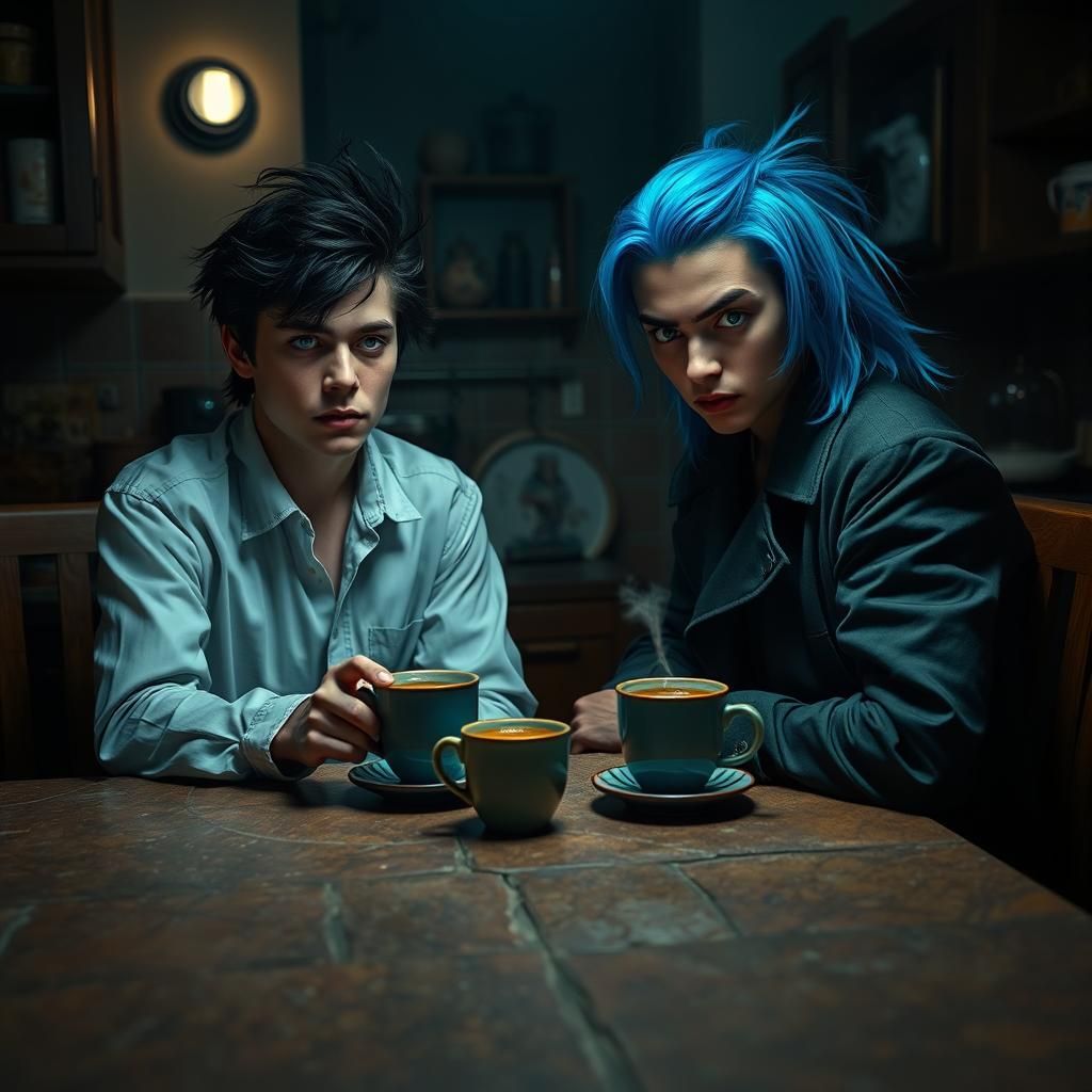 Tense Kitchen Encounter in Cinematic Style