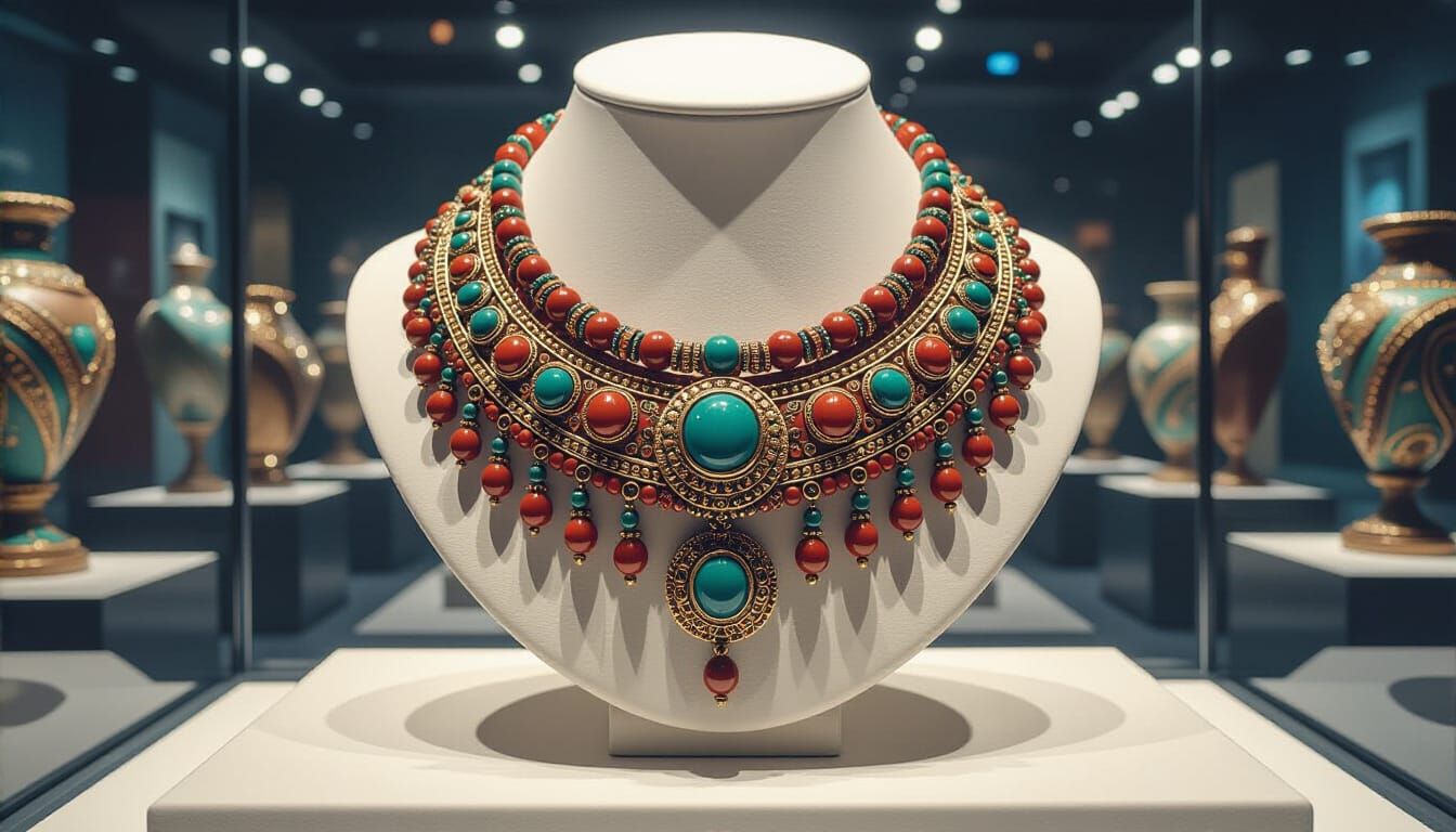 Intricate Beaded Necklace in Museum, Dark Fantasy Art