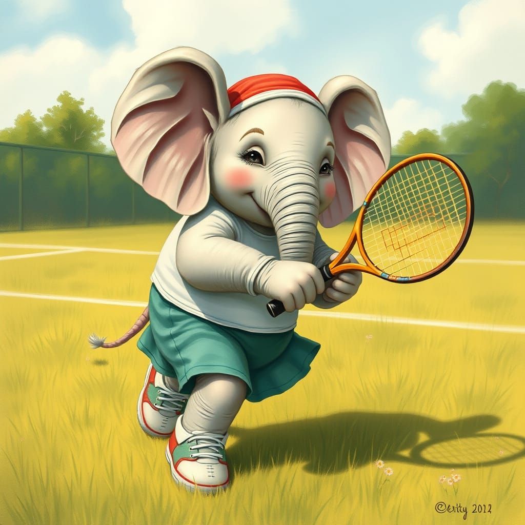 Elephant Plays Tennis in Beatrix Potter Style