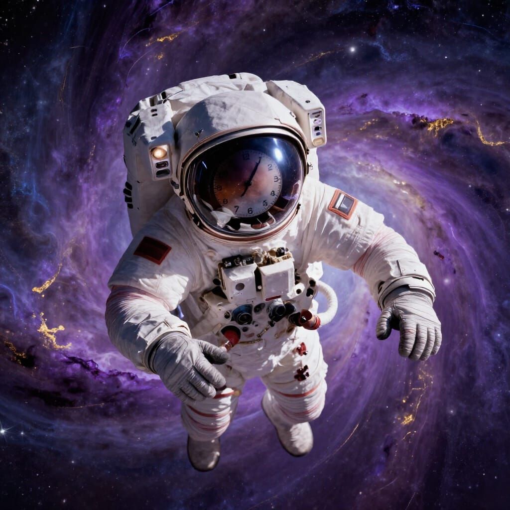 Astronaut Adrift in Nebula Reflecting Cosmic Clock