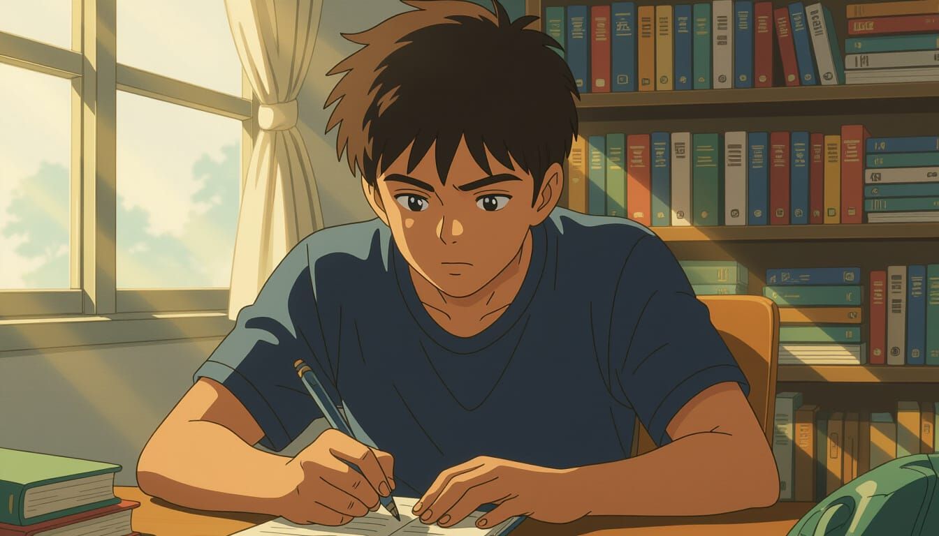 Young Indian Student Writing in Journal as Sunlight Illumina...