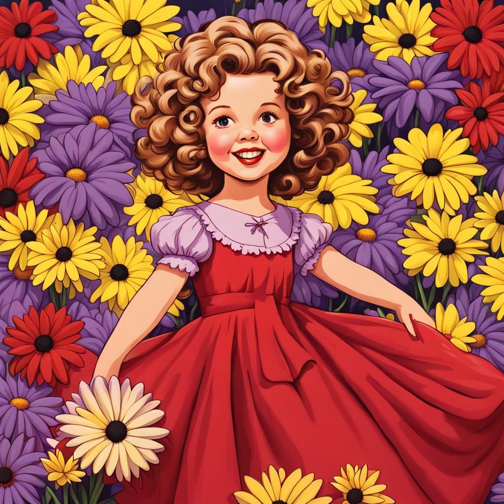 Shirley Temple Cartoon Surrounded by Daisies