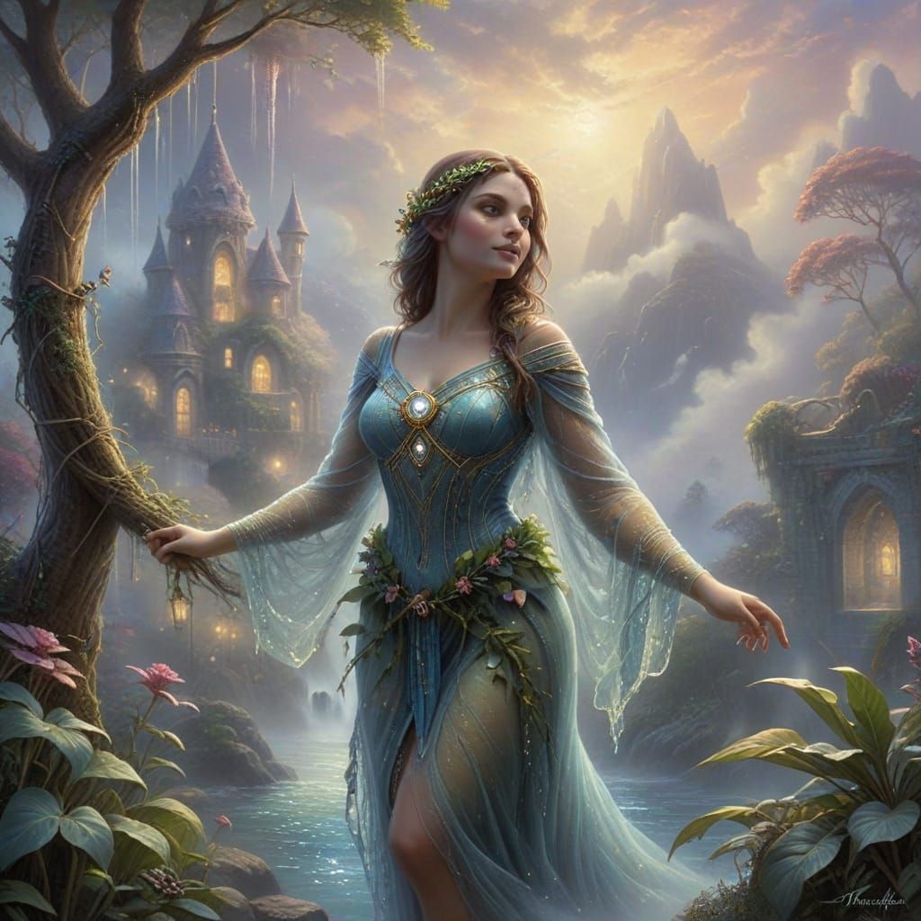 Ethereal Sloth Woman in Misty Fantasy Landscape