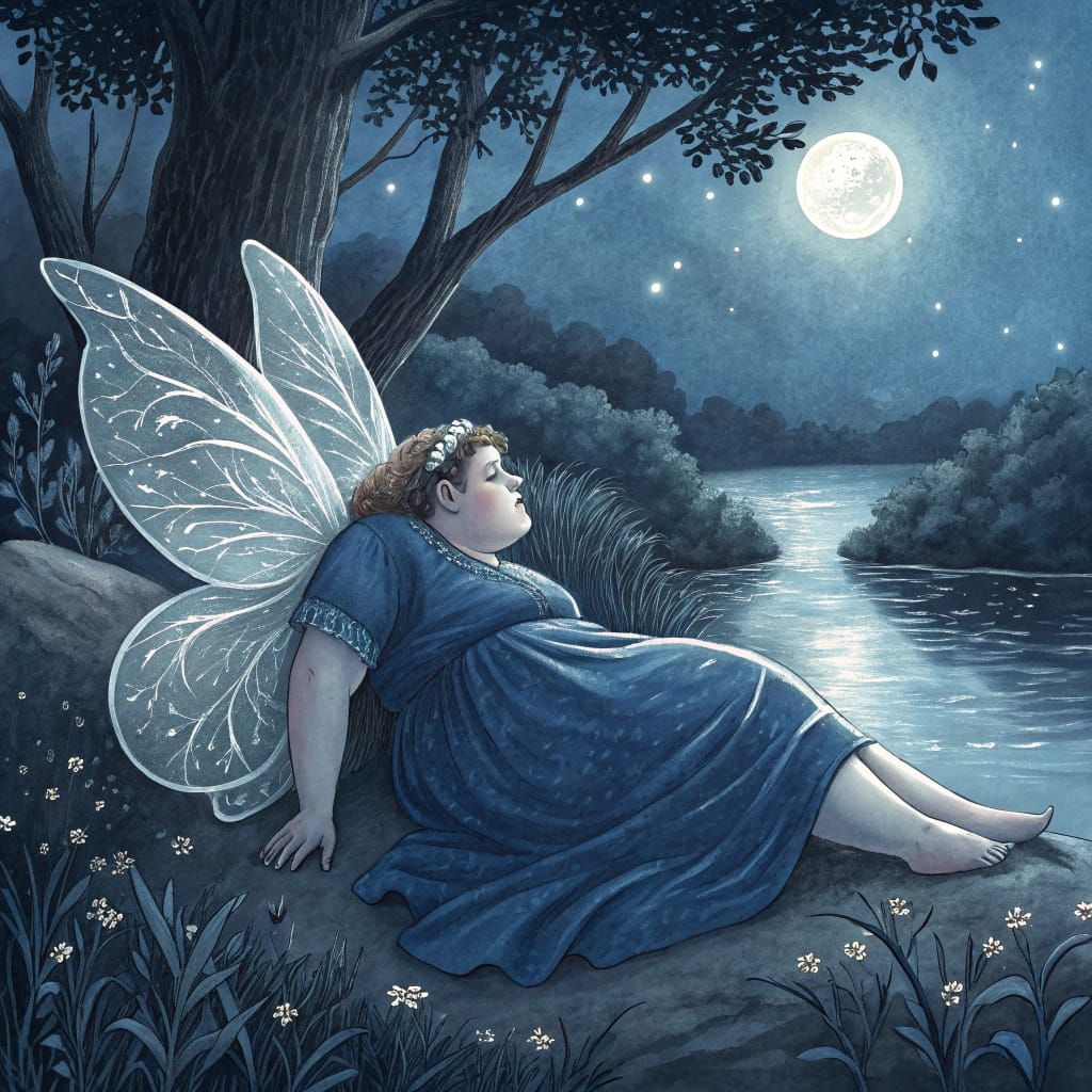 Sleeping Fairy in Prussian Blue Watercolor