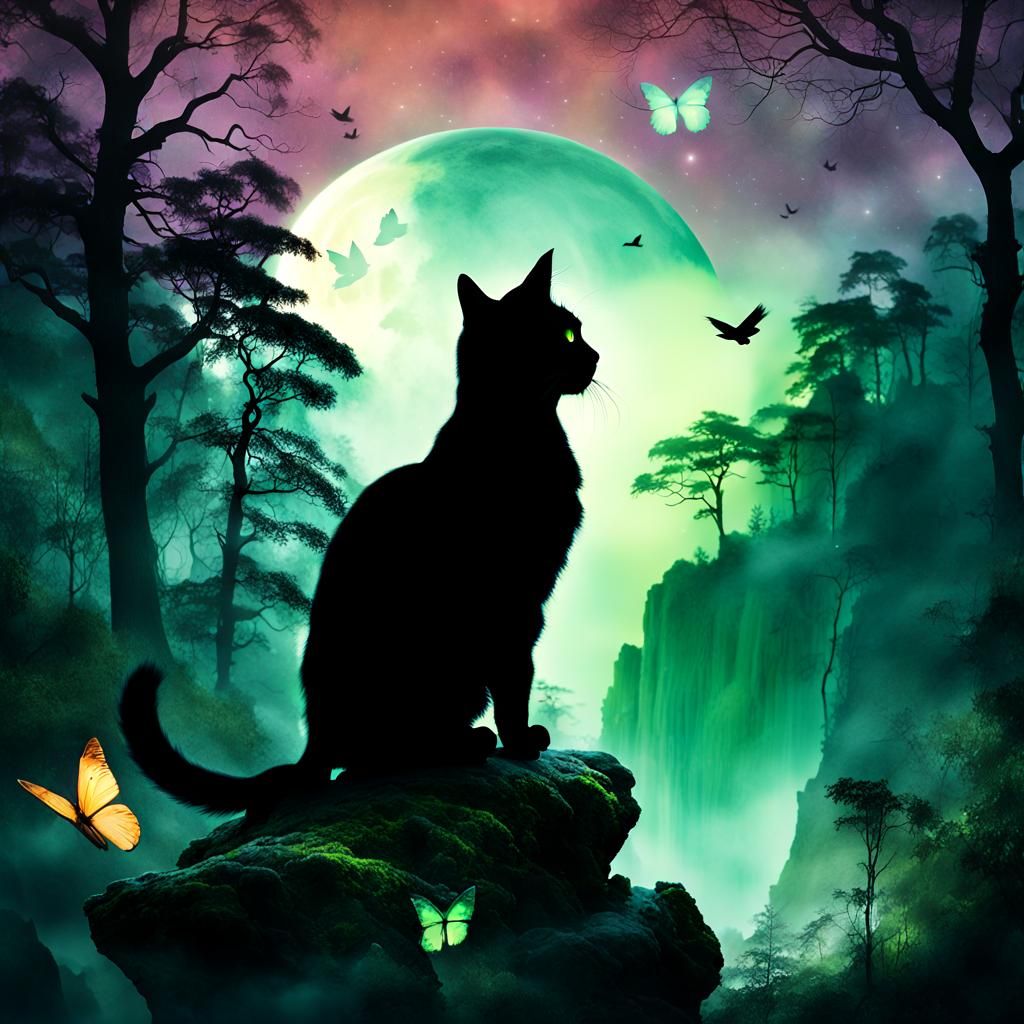 Mystical Cat Landscape in Double Exposure Style