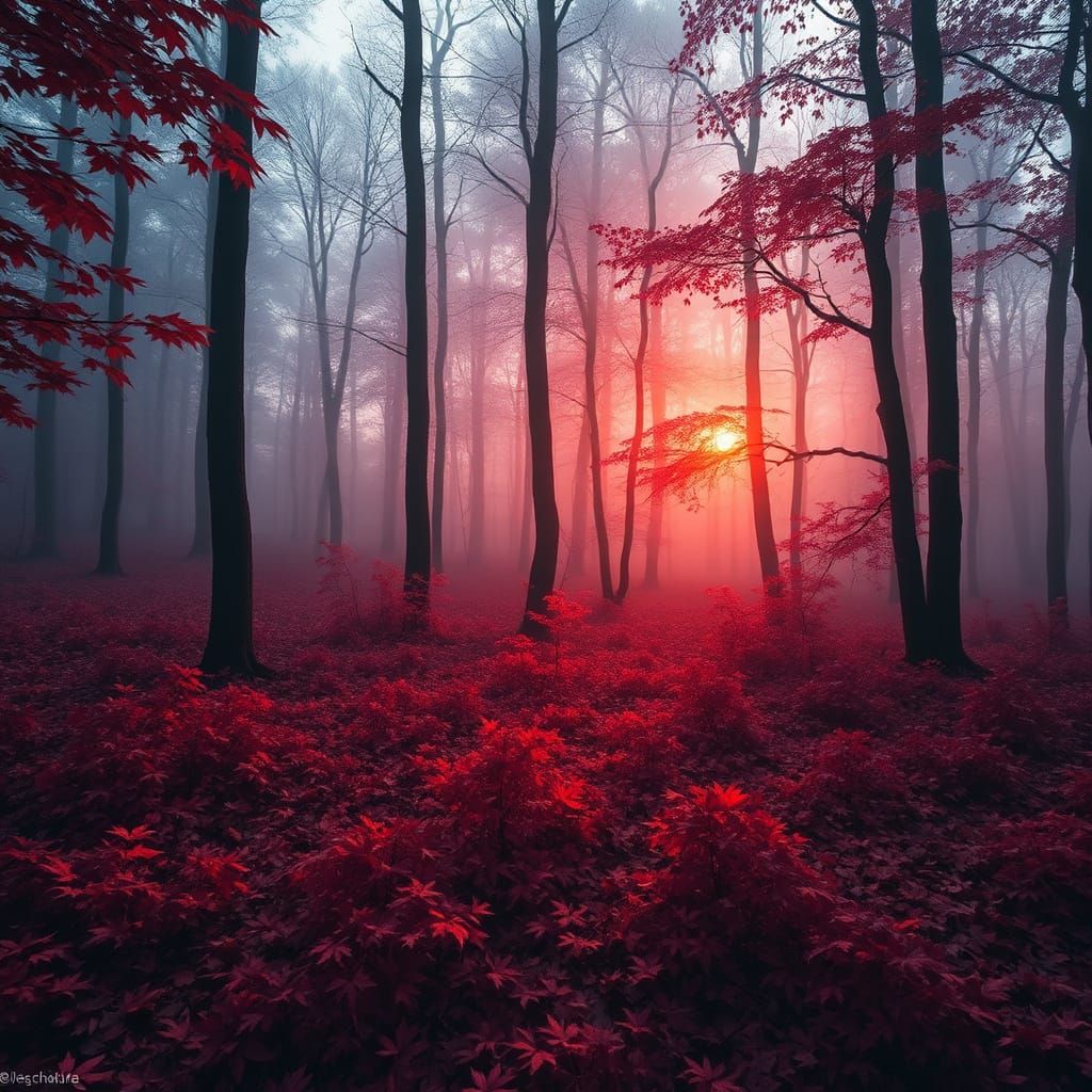 Dense Autumn Forest Sunrise in Vivid Red Light