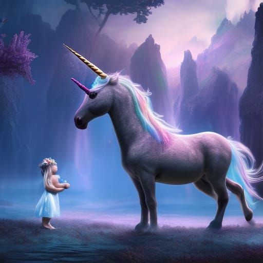 Unicorn and Baby in Fantasy Kingdom: Digital Art
