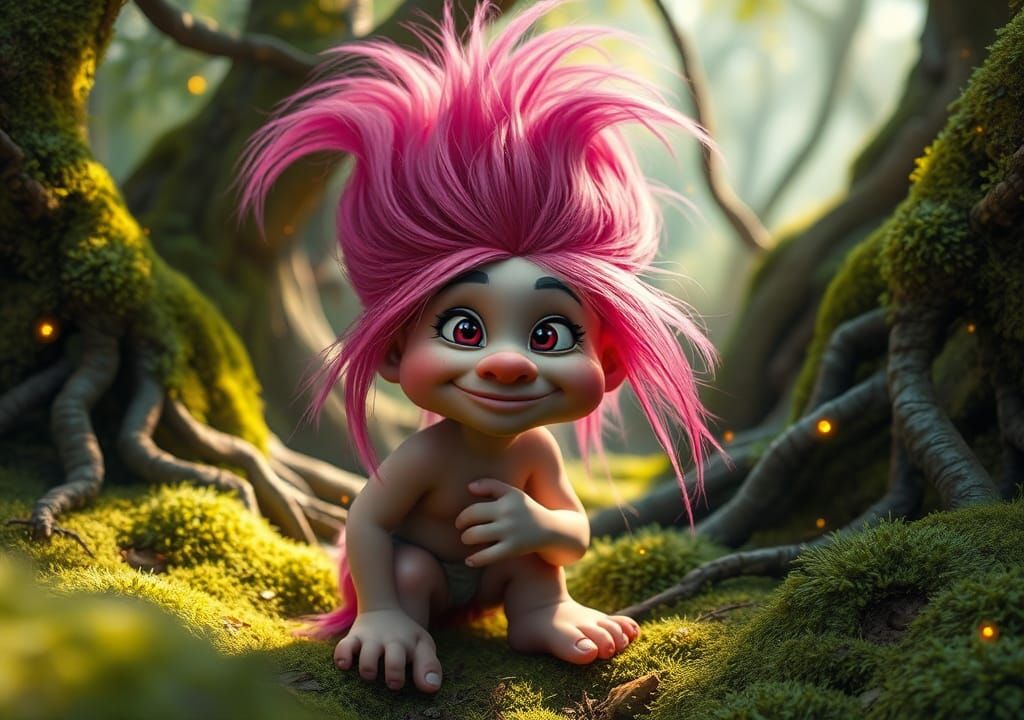 Pink-Haired Troll Portrait in Magical Forest