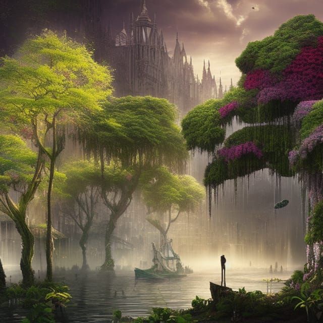 Utopian City with Floating Gardens