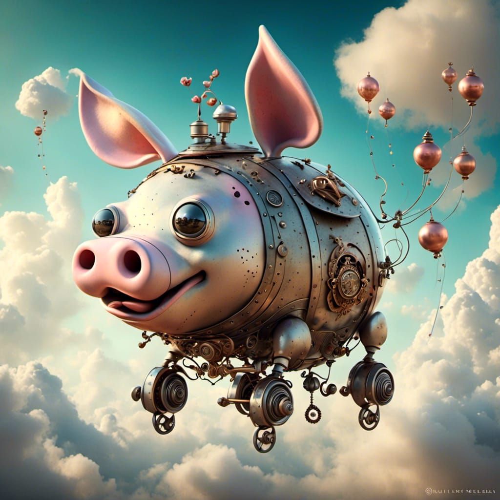 Cute Robot Flying Pig in the Clouds