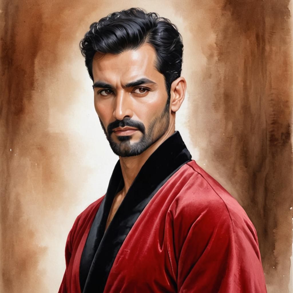 Pensive Man in Red Velvet Bathrobe: Expressionist Oil Painti...