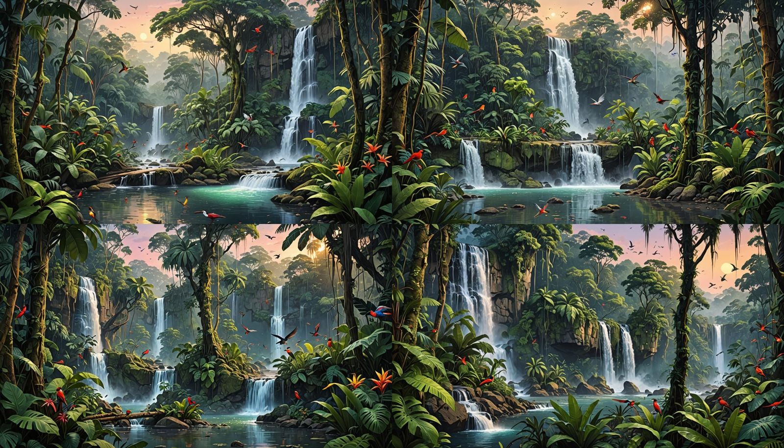 Lush Rainforest at Dusk with Waterfalls