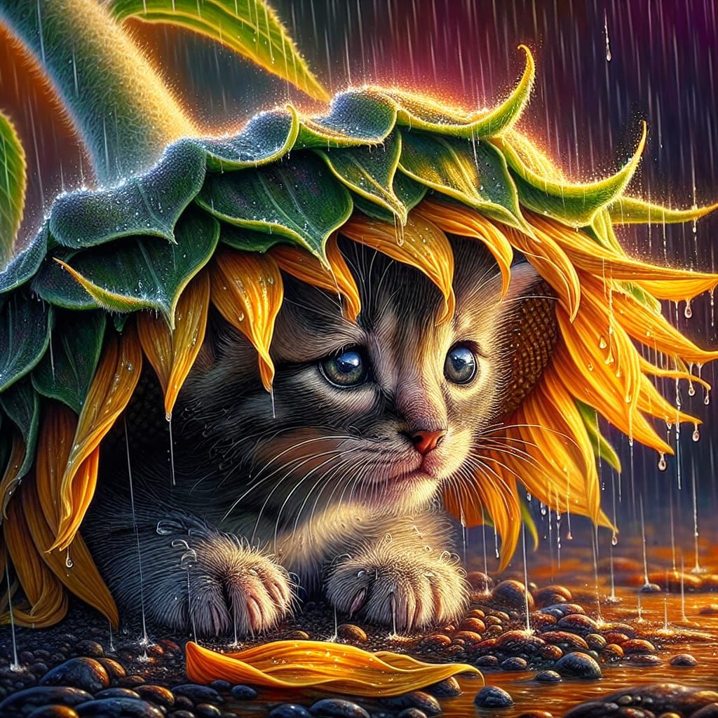 Oversized sunflower is shelter for kitten from the autumn ra...