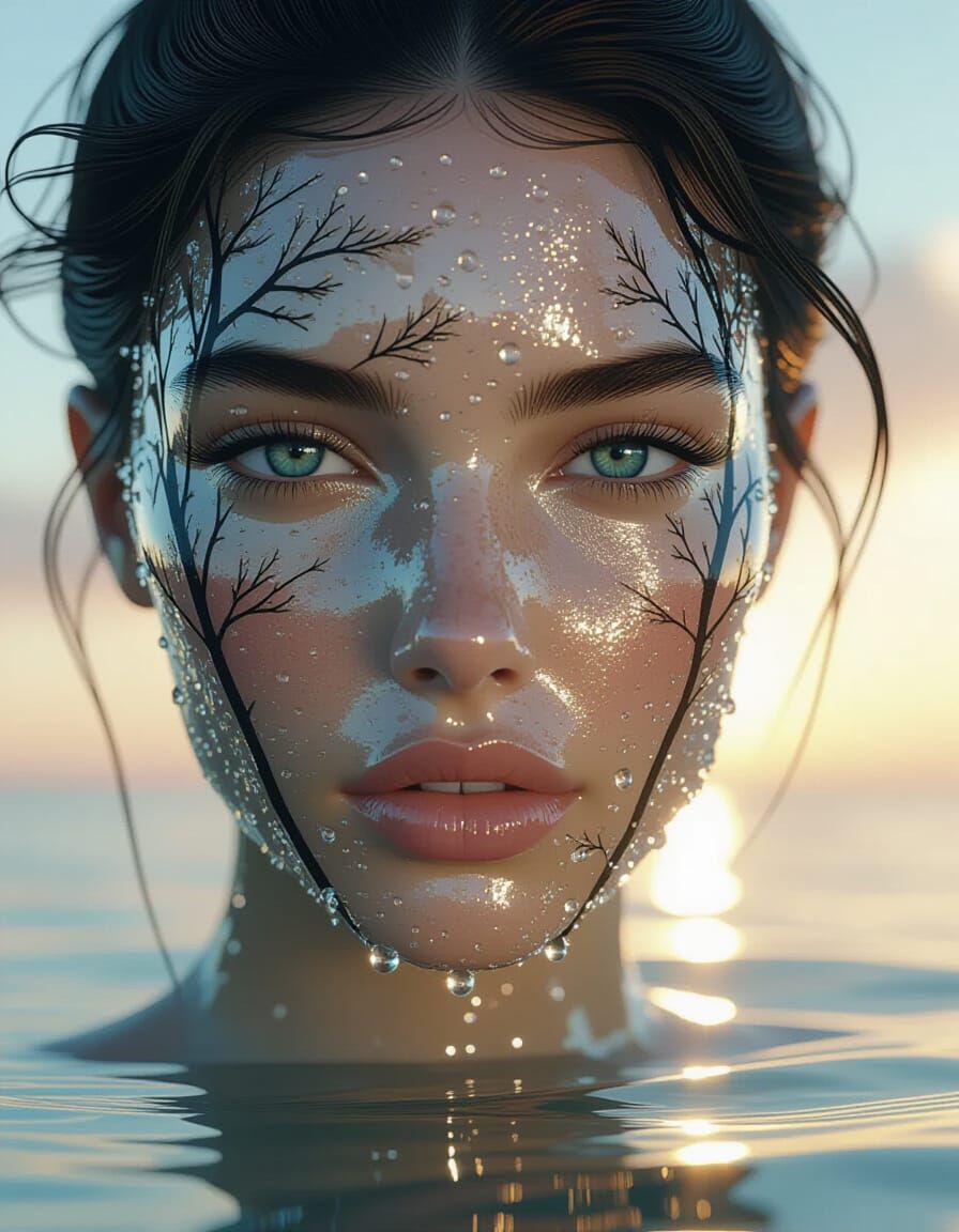Water Droplet Face at Sunset: Photorealistic Art