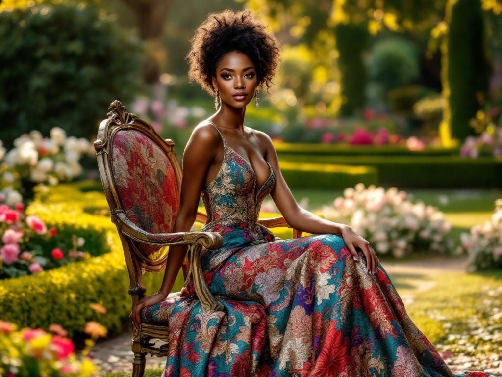 Elegant Caribbean Woman in Brocade Gown in English Garden