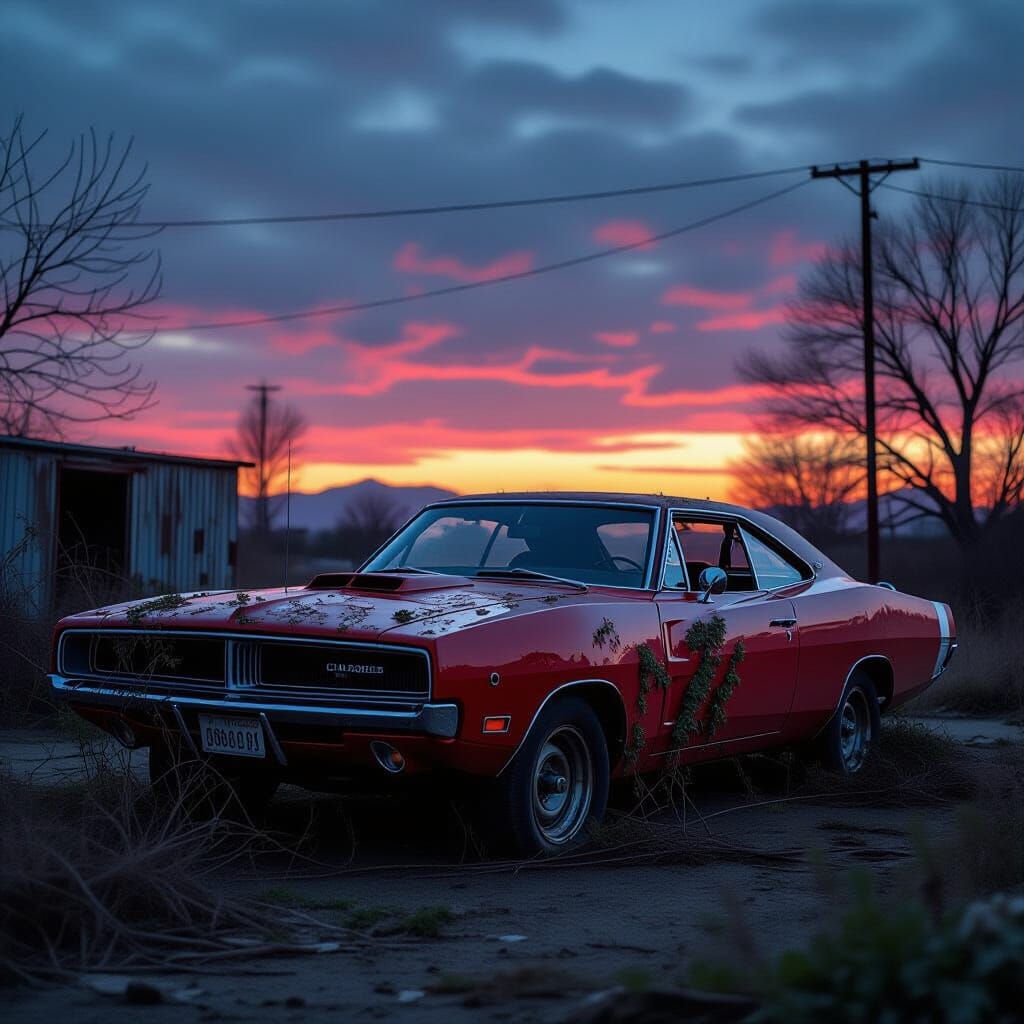 Abandoned 1970 Dodge Charger in Twilight Junkyard
