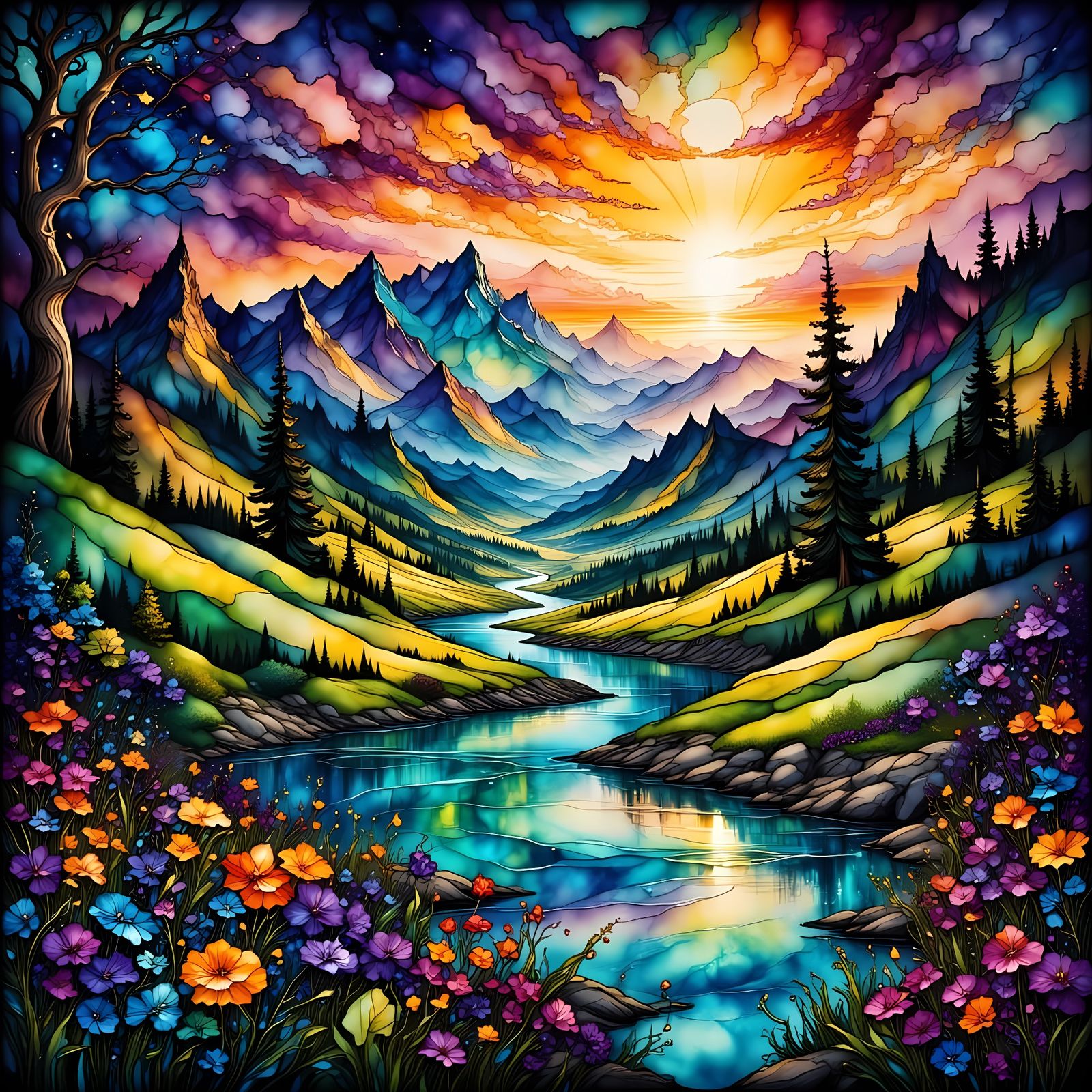 Rainbow Landscape in Stained Glass Style