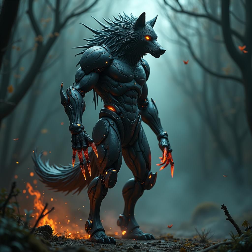 Cybernetic Gothic Wolf Deity in Dystopian Setting