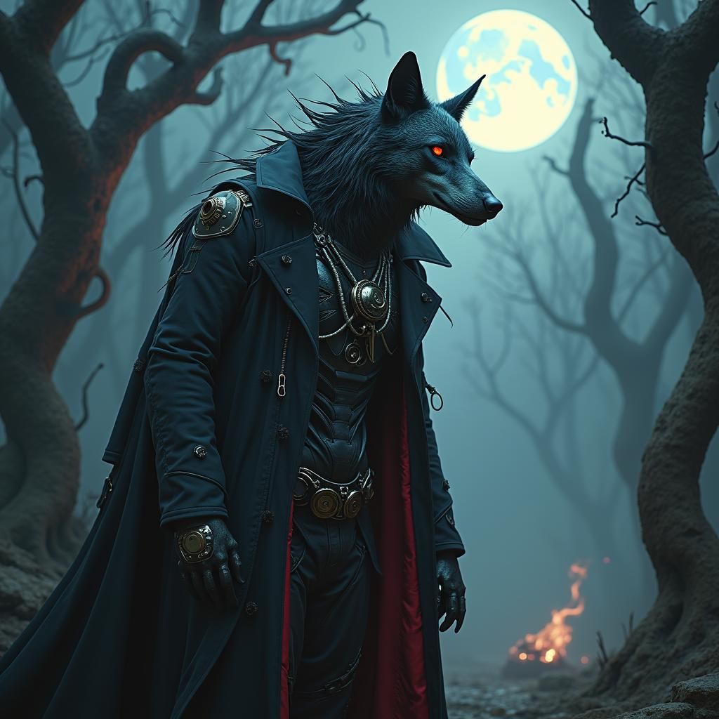 Cybernetic Gothic Wolf Deity in Biomechanical Style