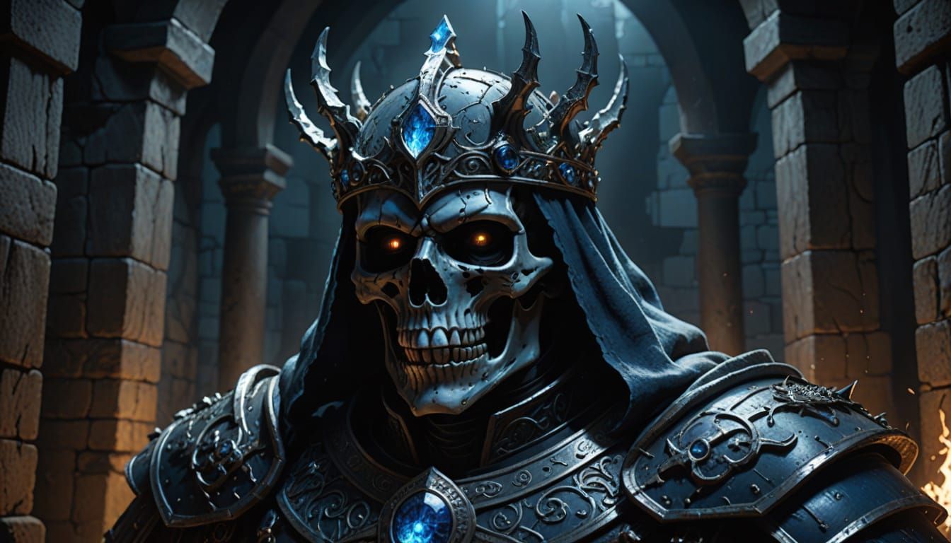 Skeletal Regent in Dark Fantasy Armor with Burning Blue Eyes