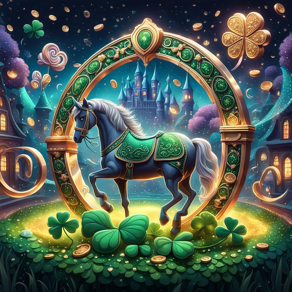 A series of detailed illustrations featuring shimmering four-leaf clovers, gleaming horseshoes, and lucky charms