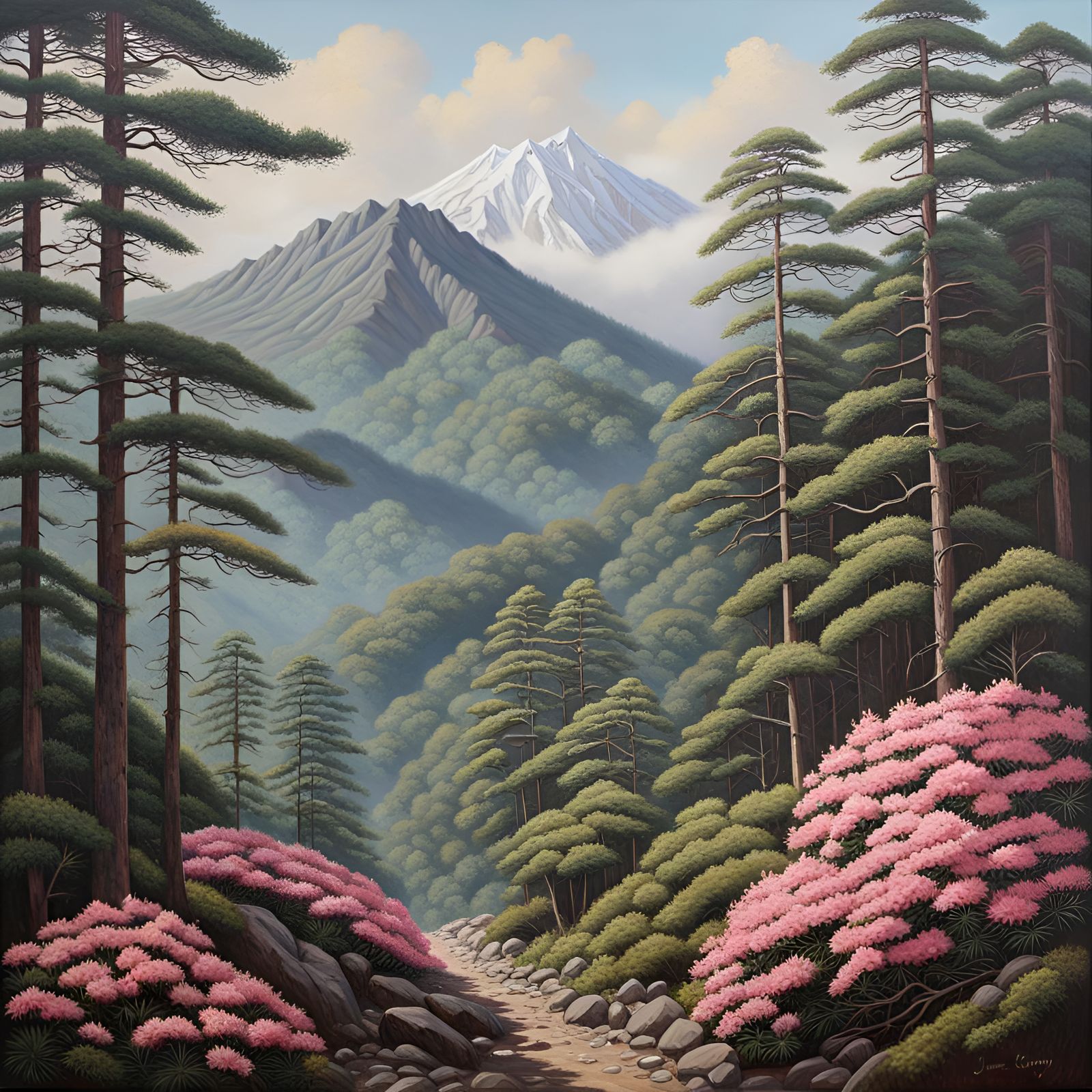 Lush Japanese Mountain Range Oil Painting
