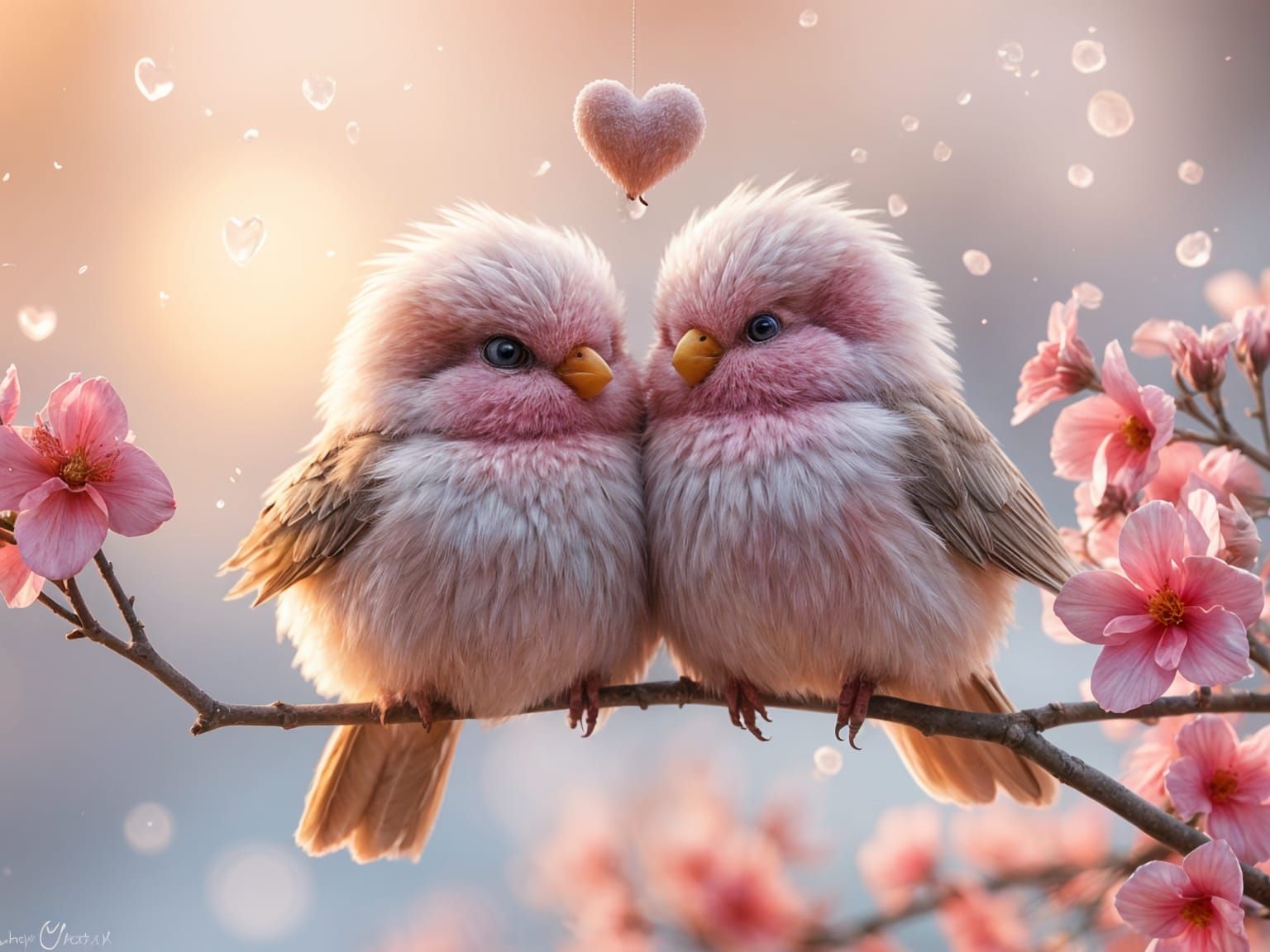 Romantic Bird Couple in Whimsical Sunrise Landscape