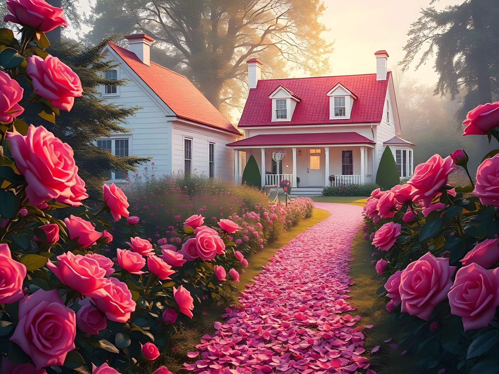 Morning Garden Masterpiece with Vibrant Roses and Red Roofed...