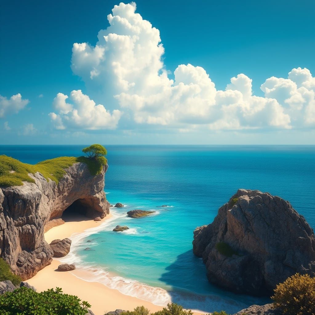 Fantasy Cliffside Overlooks Turquoise Ocean in a Rugged, Det...