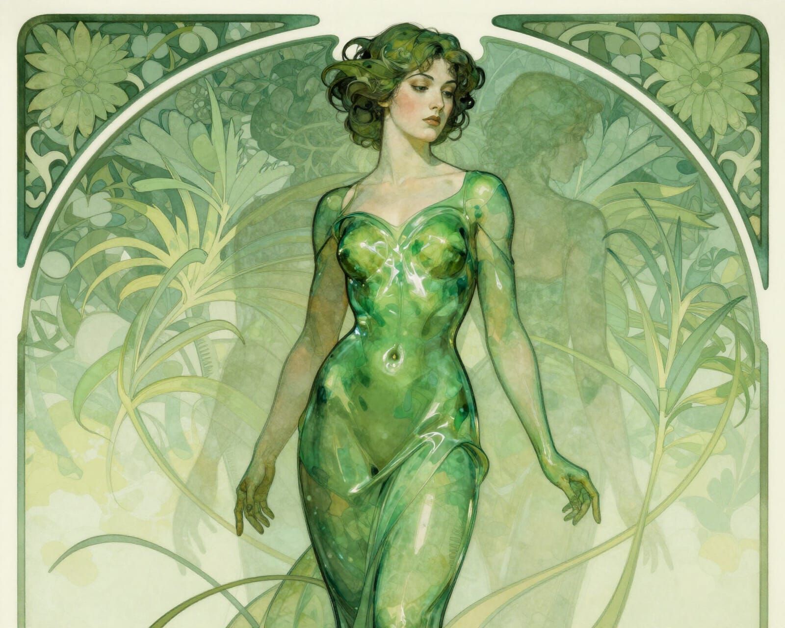 Art Nouveau Woman in Green Latex