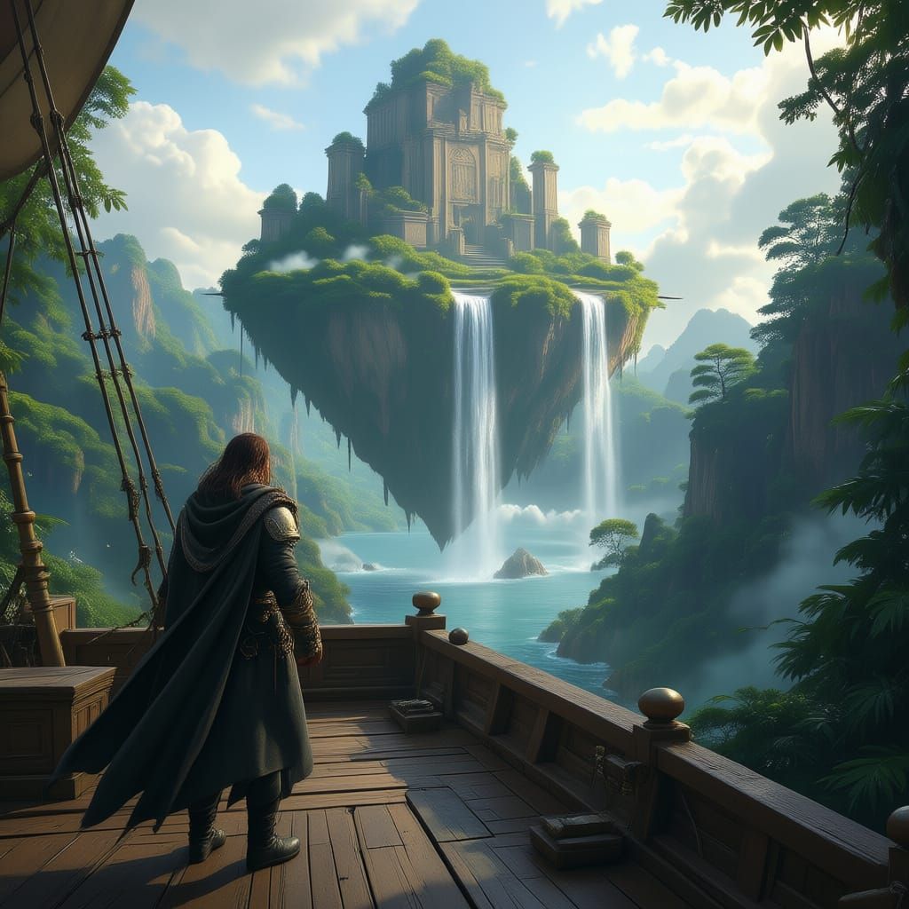 Explorer on Airship Approaches Floating Island