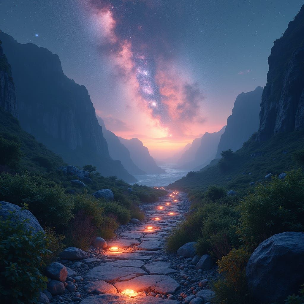 Surreal Mountain Path to a Starry Expanse