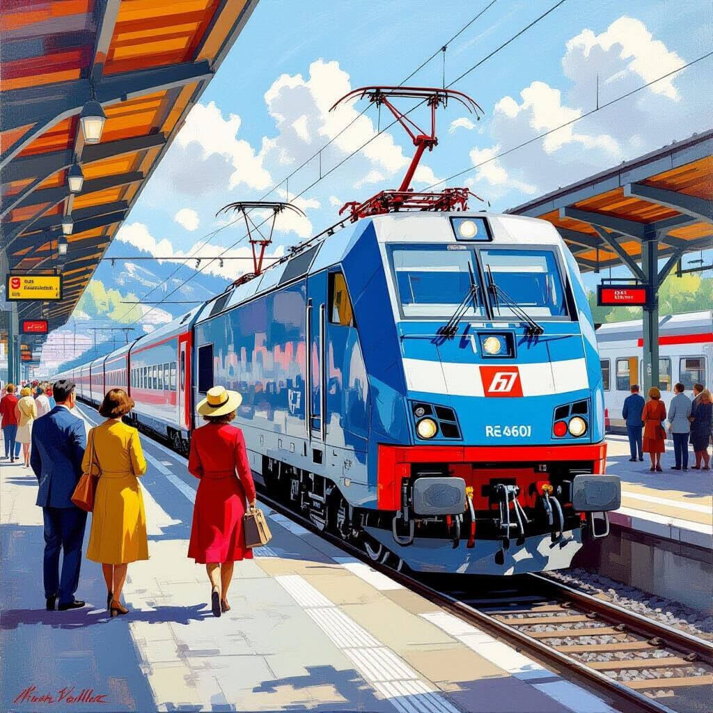 Swiss Train at Bustling Station in Ligne Claire Style