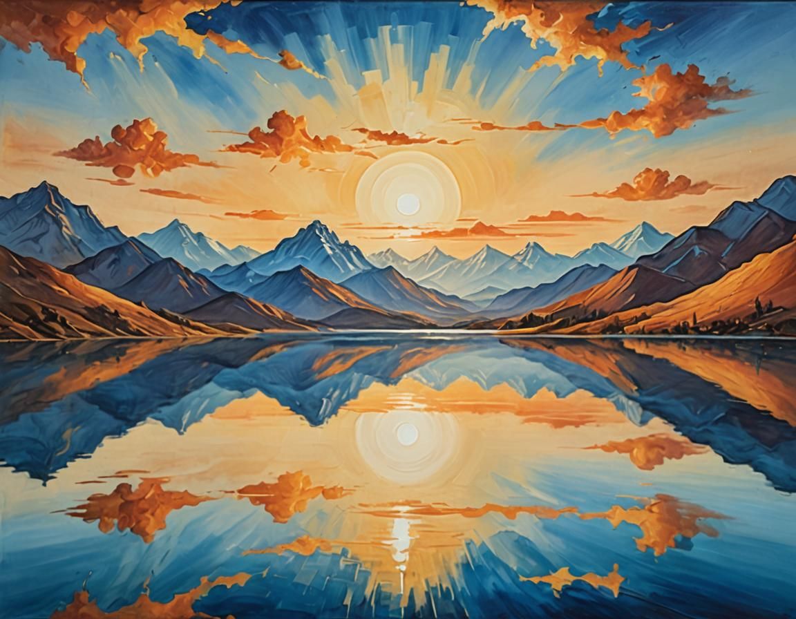 Surreal Sunset Over Mountain Lake, Impressionist Oil Paintin...