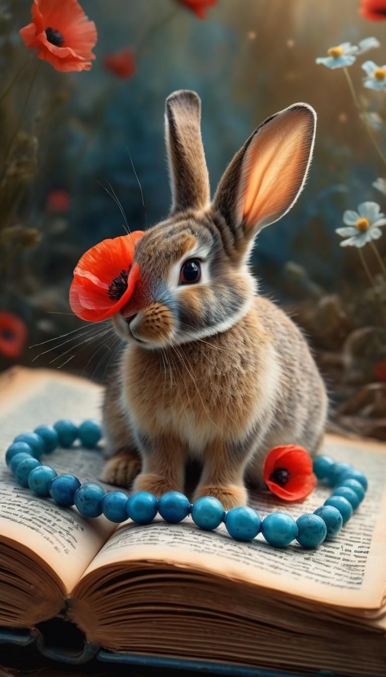 Dreamy Watercolor Collage of Book, Beads, Poppy, Bunny