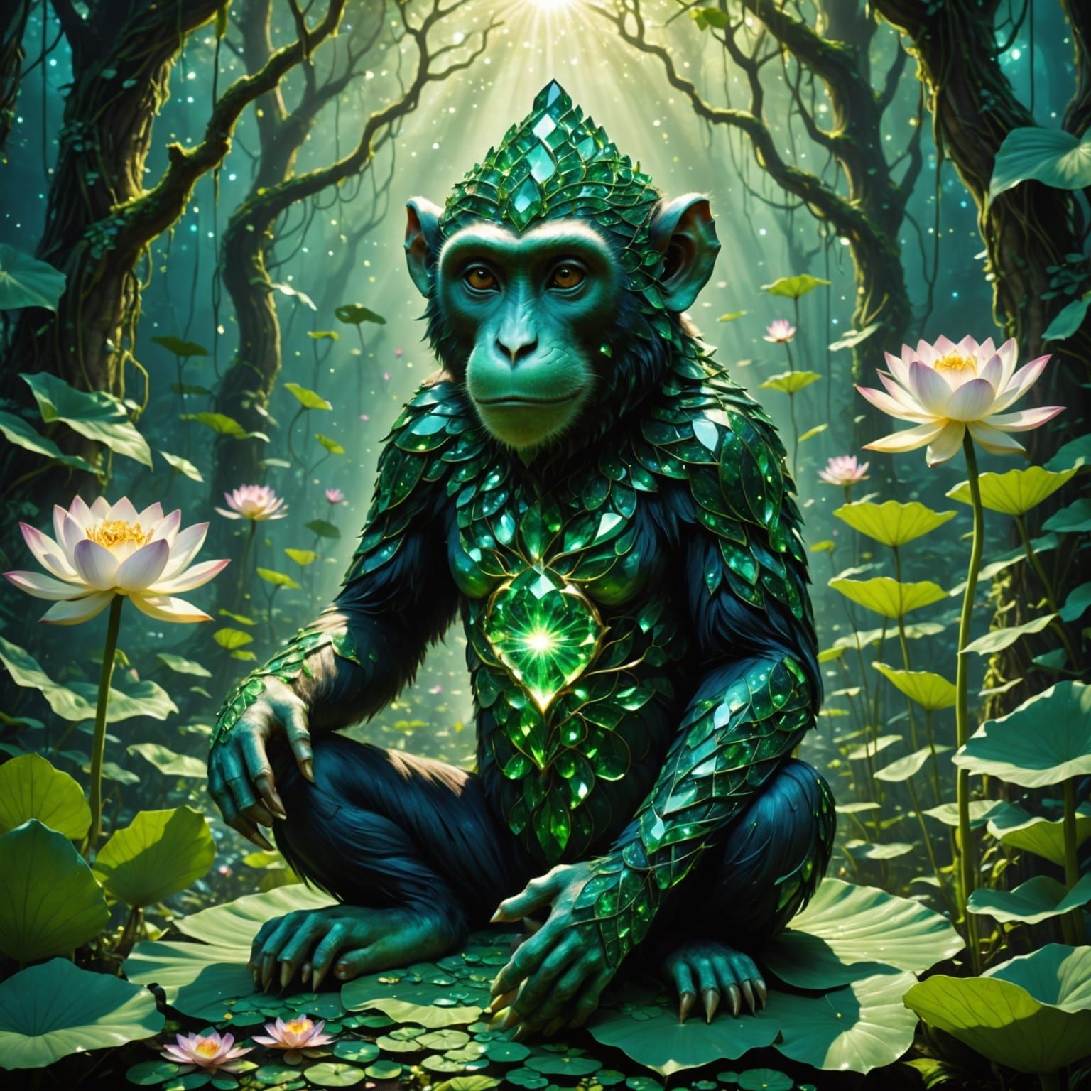 Emerald Crystal Monkey in Lotus Flower, Ghibli Style