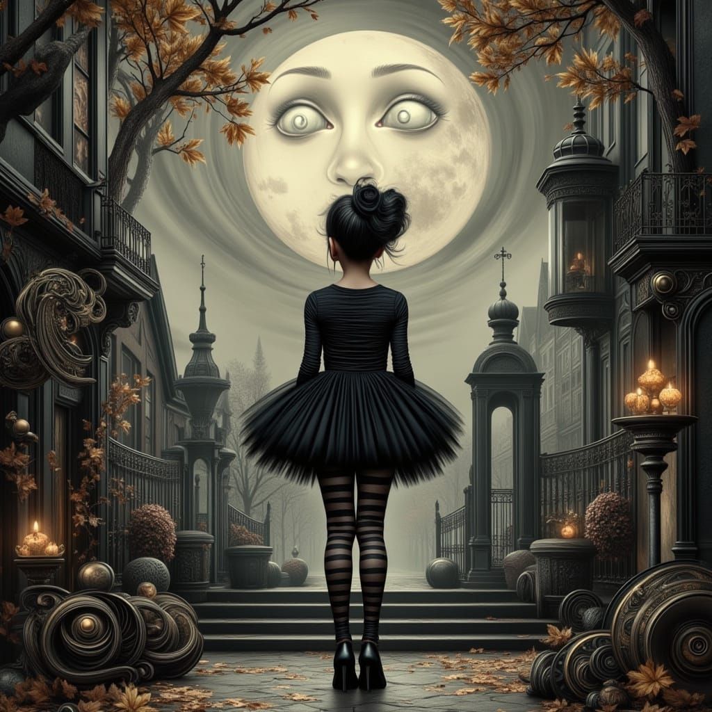 Steampunk Cityscape Under a Face Moon