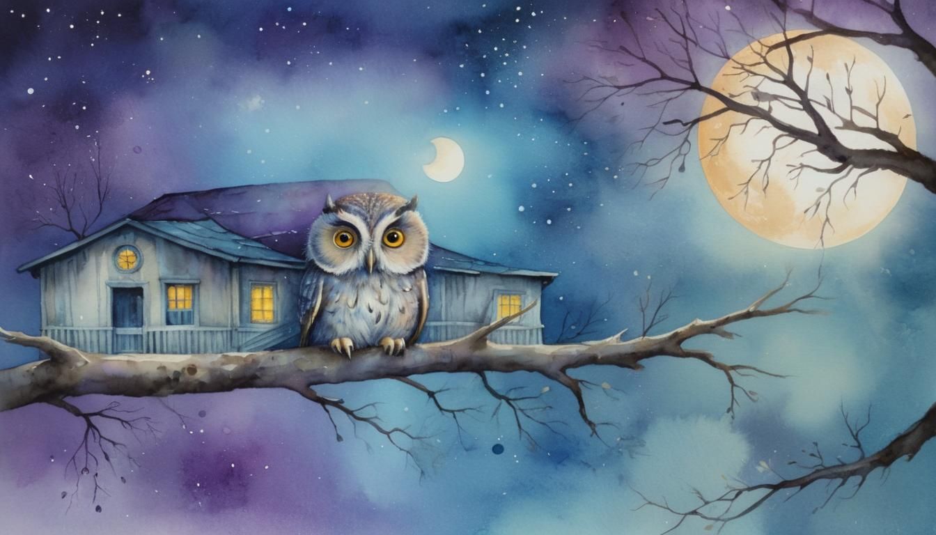 Mystical Owl in Watercolour Under Full Moon