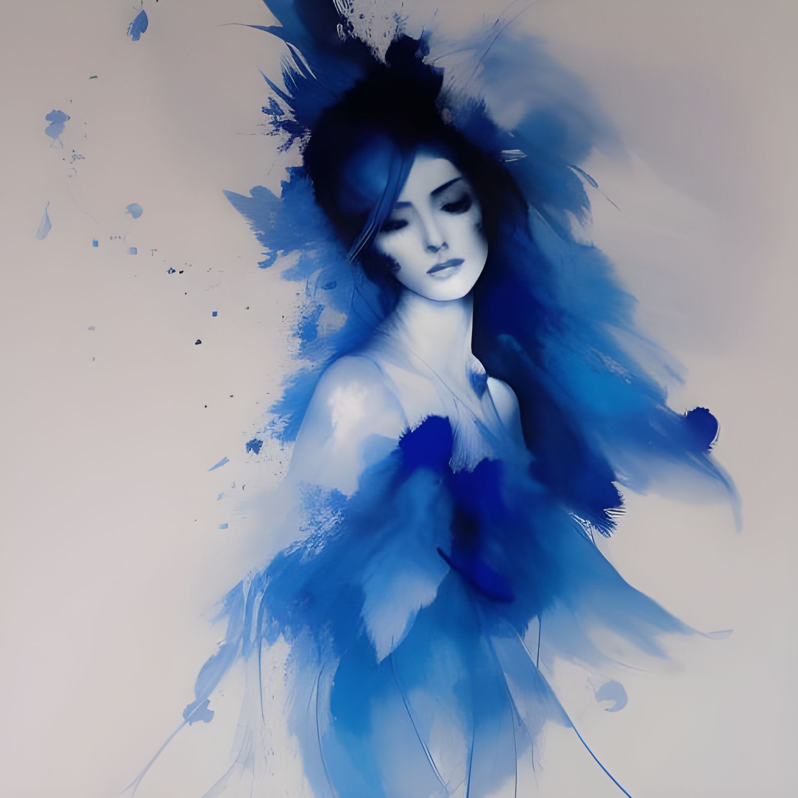 Elegant Blue and White Female Portrait, Digital Illustration