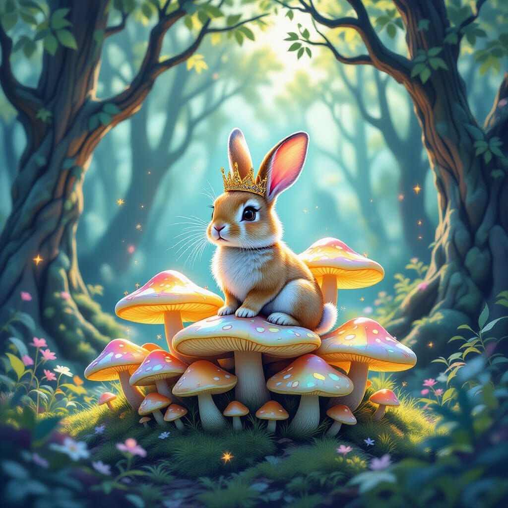 Rabbit in Crown on Glowing Mushrooms in Dreamlike Forest