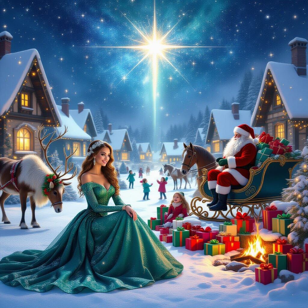 Magical Winter Village Christmas Scene with Beautiful Woman