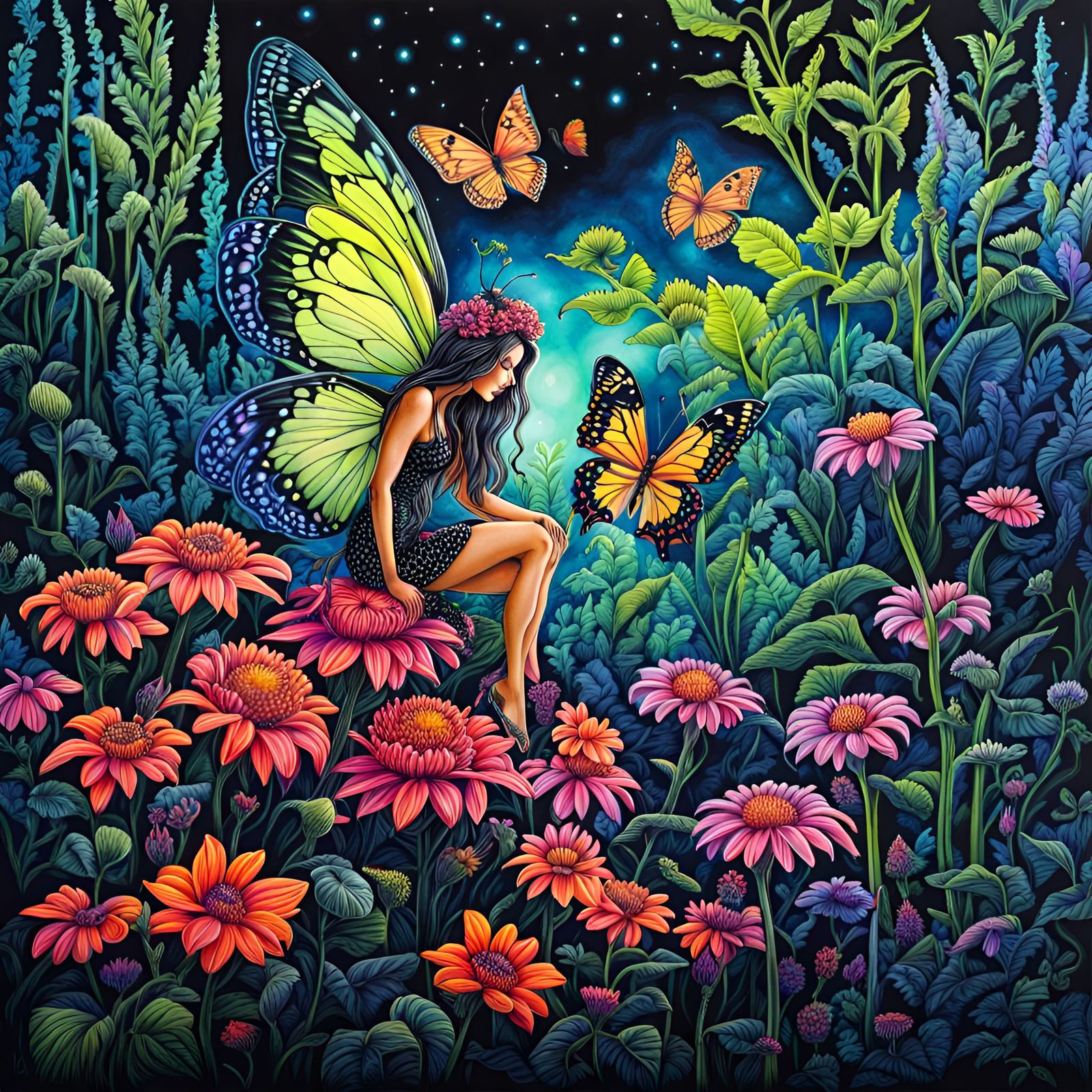 Blacklight neon Butterfly fairy in a butterfly garden, backg...