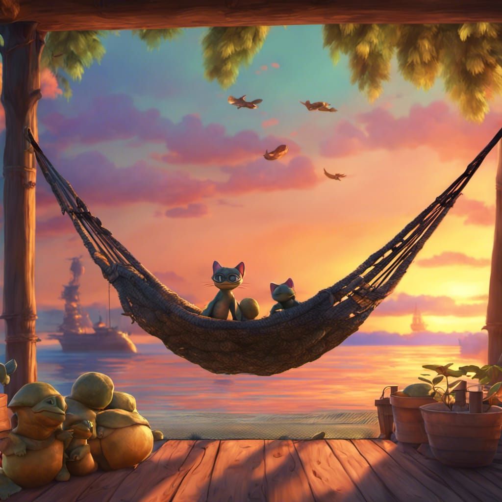 Sunset Bay with Turtles and Cat: 3D Digital Art